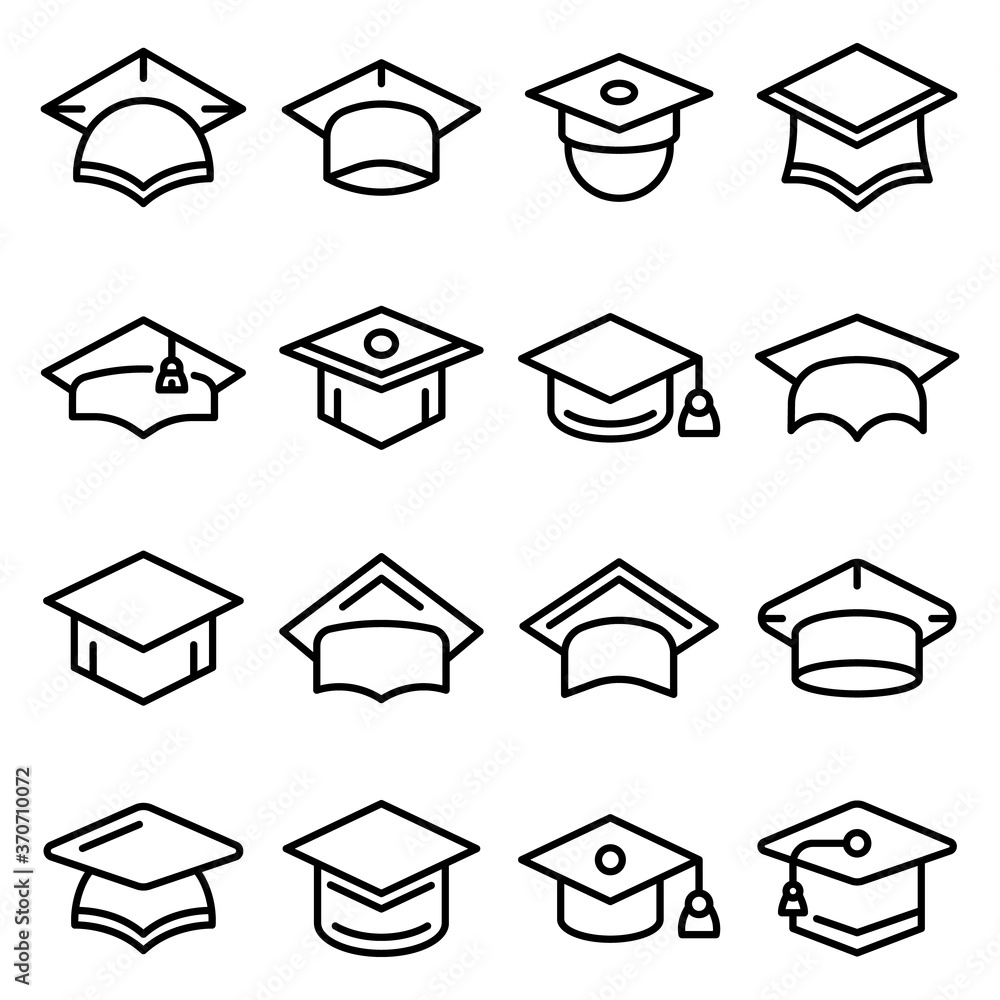 Aufkleber graduation hat icons set. outline set of graduation hat vector icons for web design isolated on whit