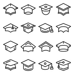 Graduation hat icons set. Outline set of graduation hat vector icons for web design isolated on white background