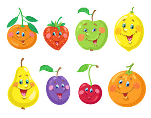 Set of funny fruits. Green apple, yellow pear, orange, strawberry, lemon, tangerine, blue plum, and red cherry. In cartoon style. Isolated on white background. Vector flat illustration.