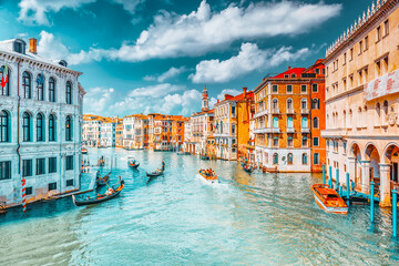 VENICE, ITALY - MAY 12, 2017 :Views of the most beautiful canal of Venice - Grand Canal water streets, boats, gondolas, mansions along. Italy.