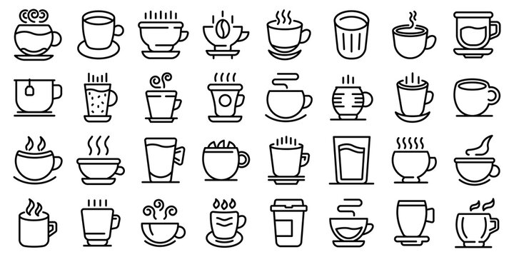 Mug icons set. Outline set of mug vector icons for web design isolated on white background