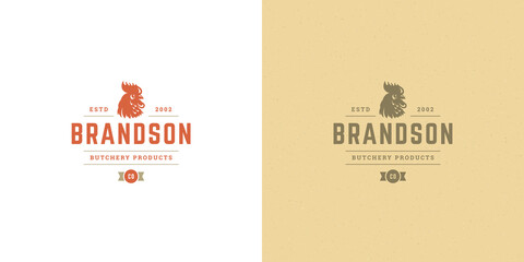 Butcher shop logo vector illustration rooster head silhouette good for poultry farm or restaurant badge