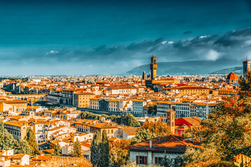 Beautiful landscape above, panorama on historical view of the Florence from  Piazzale Michelangelo...