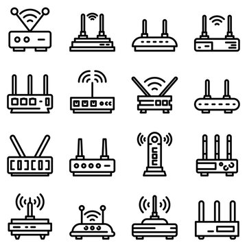 Modem Icons Set. Outline Set Of Modem Vector Icons For Web Design Isolated On White Background