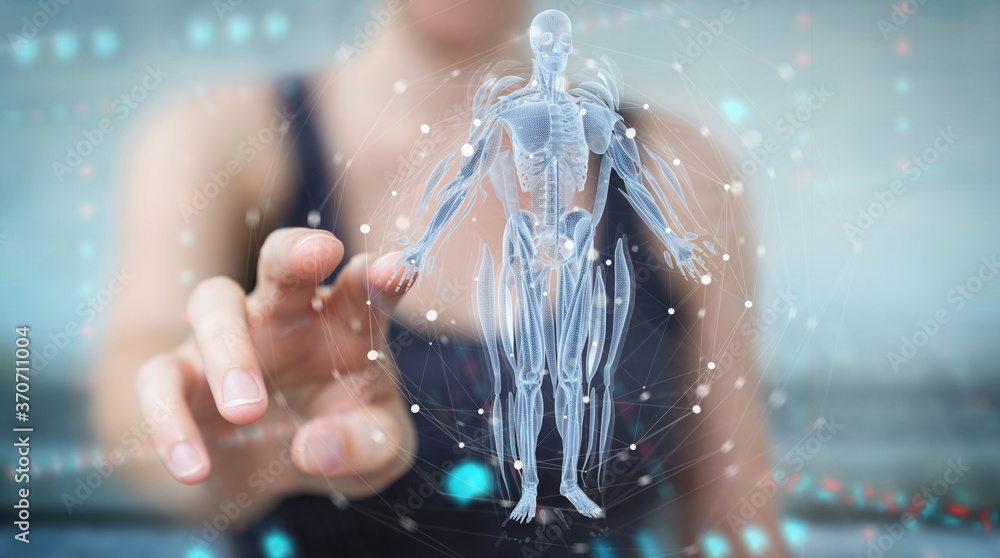 Aufkleber woman using digital x-ray human body holographic scan projection 3d rendering