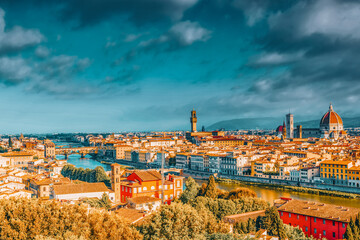 Beautiful landscape above, panorama on historical view of the Florence from  Piazzale Michelangelo point. Morning time.
