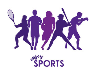 sports time poster with purple athletes silhouettes