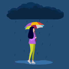woman is talking on the phone and walking down the street in the rain. Vector illustration, flat design.