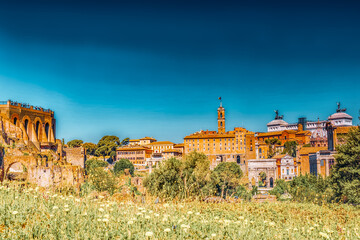 Obraz premium Archaeological and historical objects in Rome, united by the name - Roman Forum. Roman Forum and Palatine Hill.(Foro Romano e Palatino).