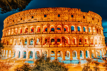 Fototapeta na wymiar Beautiful landscape of the Colosseum in Rome- one of wonders of the world in the evening time. Italy.