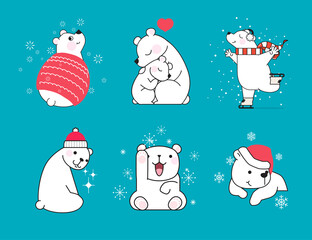 Set of hand drawn little polar bears in different poses on blue background with snowflakes. Christmas concept.  Vector illustration.