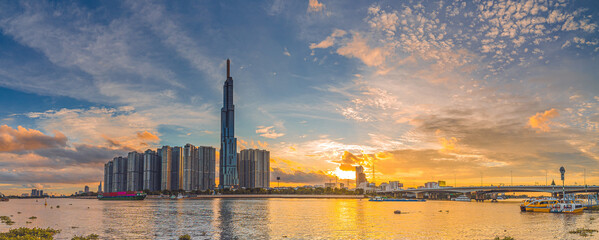 Sunset at Landmark 81 is a super tall skyscraper in center Ho Chi Minh City, Vietnam and Saigon...