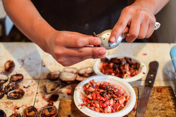 Detail of typical ceviche dish preparing in local market