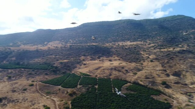 Pelicans flying near the drone, over pools and fields in the Hulla valley, Israel