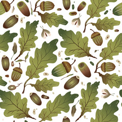 Autumn season vector background. Seamless pattern with acorn and oak leaf. Nature foliage october forest wallpaper.