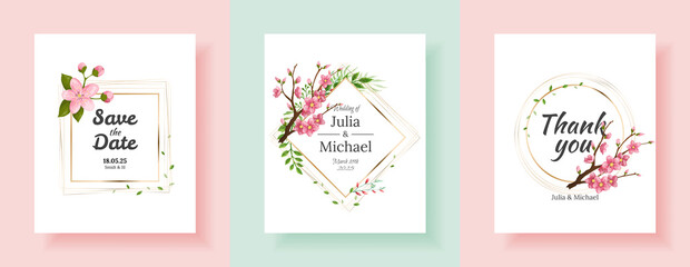 Naklejka premium Set of sakura flowers backgrounds. Floral wedding invitation cards template design. Holiday invitation, greeting cards and fashion design