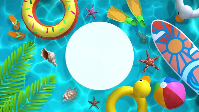 Colorful beach and pool objects floating in blue pool water 3D animated background. There is white circle in the center for your logo or text message. Summer vacation concept.