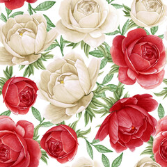 Floral watercolor seamless pattern elegant peonies white and red