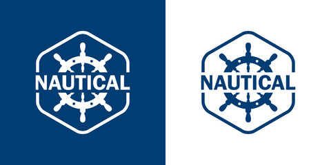 Logotipo con palabra Nautical. Icono plano timón en hexágono lineal en fondo azul marino y blanco