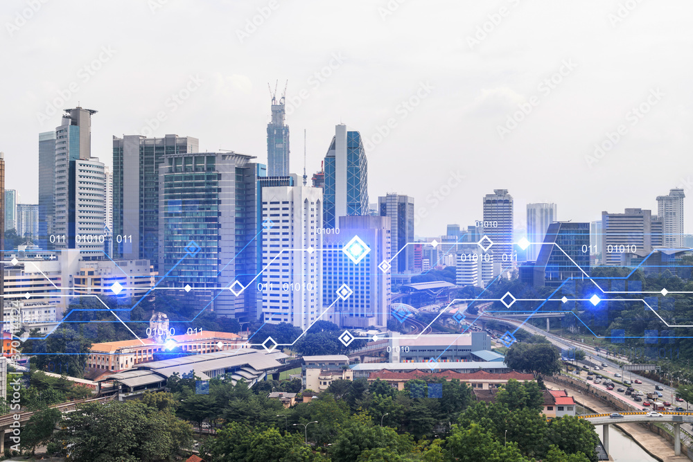 Poster technology hologram over panorama city view of kuala lumpur. kl is the largest tech hub in malaysia,
