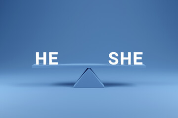 Gender equality concept. He equal she on the scales with balance on blue background. minimal style, 3d render.