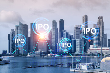 IPO icon hologram over panorama city view of Singapore, the hub of initial public offering in Asia....