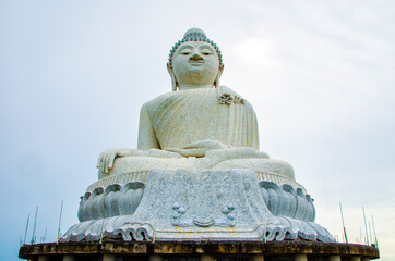 Big buddha statue in sunny day located in Phuket city , White Big Buddha statue in Thailand