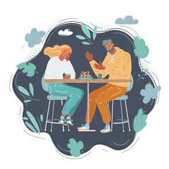 Vector illustration of sad woman and man sitting in dark cafe.