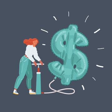 Vector illustration of Businesswoman pumping air money symbol balloon, financial crisis concept