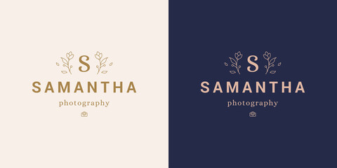 Minimal vector illustration of outline emblem template with elegant flowers around S letter designed