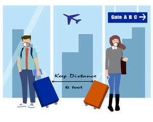 Traveling by airplane with masks during outbreak of coronavirus epidemic at Terminal hall ,new normal concept,