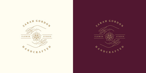 Vector line logo emblem design template - female gesture hands and flower illustrations simple minimal linear style