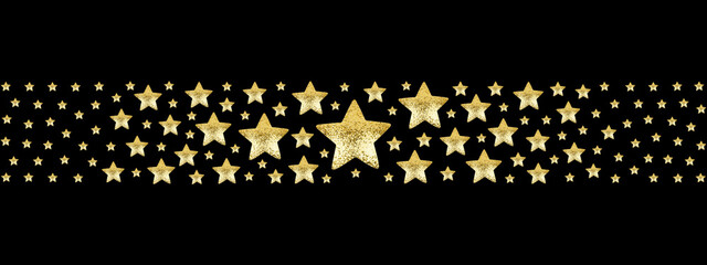 Golden stars border on black background isolated, frame made of shiny gold stars, starry seamless pattern, Christmas greeting card ornament, holidays backdrop, festive invitation design, copy space