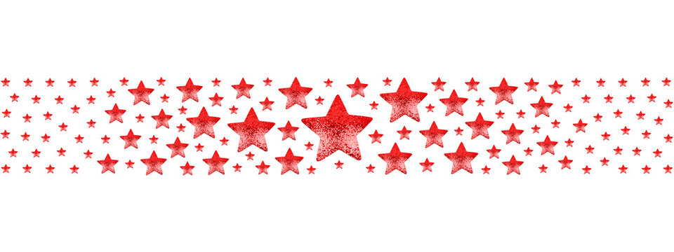 Red stars border on white background isolated, frame made of shiny red stars, bright starry seamless pattern, Christmas greeting card ornament, holidays backdrop, festive invitation design, copy space