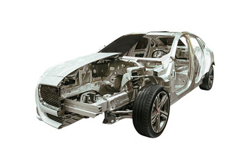 car is half disassembled. Showing the inside of the car. hood of the car without the engine and gearbox. The metal body of a car isolated on a white background