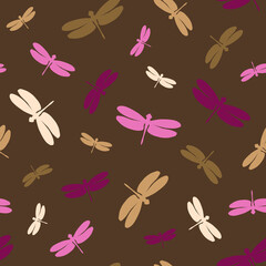 Seamless pattern with fly dragonflies. Colorful elements on a brown background. Vector illustration. Creative idea for modern designs backdrops, cards, textiles, packings, wrappers, fabric, prints.