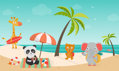Summer cute animal ,A panda sitting at the sea holding a camera, a giraffe holding a surfboard,Bears and elephants carrying bags walking on the beach, Animal happy summer vacation,Vector illustrator.