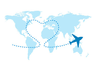 World map and plane flight. Airplane flying and leave dashed trace line. Love travel concept. Airplane path with heart shaped trail line. Vector illustration