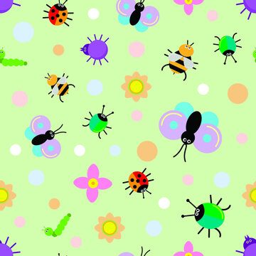 seamless background with insects and flowers for children's design