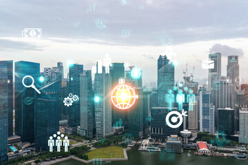 Research and development hologram over panorama city view of Singapore, hub of new technologies to...