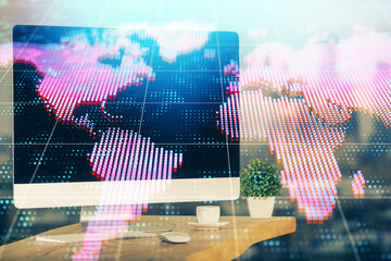Multi exposure of business theme icons and table with computer background. Concept of success.