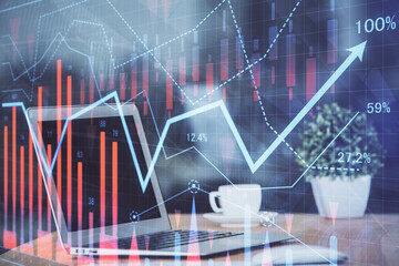 Forex Chart hologram on table with computer background. Double exposure. Concept of financial markets.