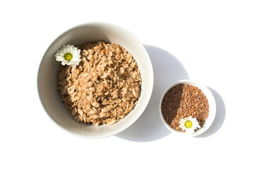 Oatmeal for breakfast and flax seeds. Healthy eating