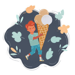 Cartoon illustration of happy little boy eating an ice cream