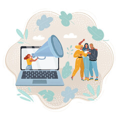 Cartoon illustration of woman come out from screen of laptop holding large loudspeaker to attract followers for blog. Social media marketing strategy getting more people. Involvement of audience
