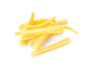 Raw yellow carrot sticks isolated on white