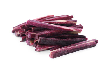 Raw purple carrot sticks isolated on white