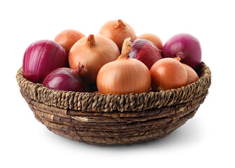 Obraz na płótnie Canvas Basket full of onion bulbs isolated on white