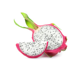 Delicious cut dragon fruit (pitahaya) on white background