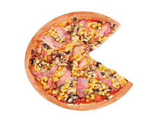 Tasty pizza with chicken breast, corn, bacon and mushrooms, without a quarter, isolated on white background with clipping path, angle view